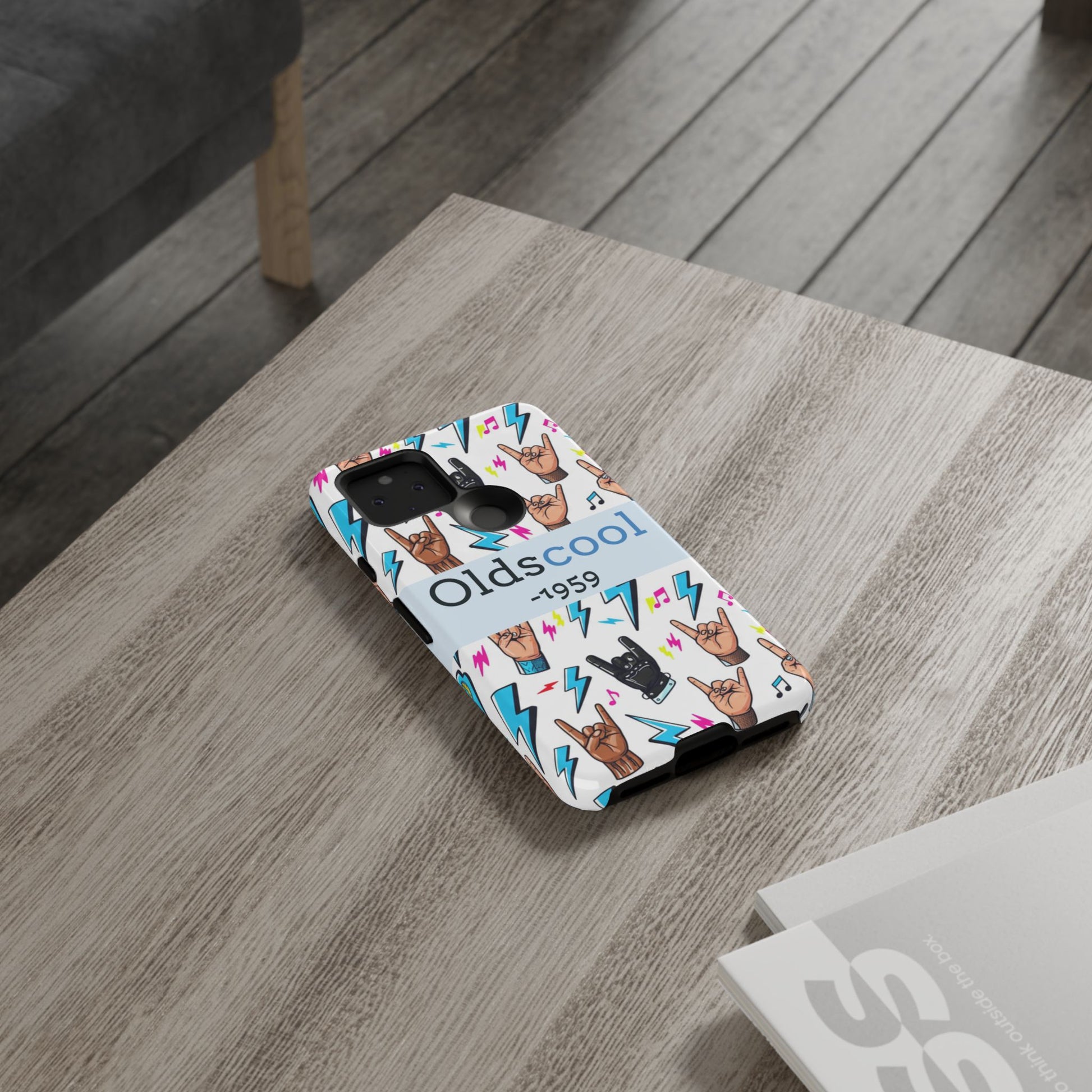 Retro Rock 'Oldscool 1959' Phone Case – Lightning & Rock Hand Pattern - Ramshackle Shack