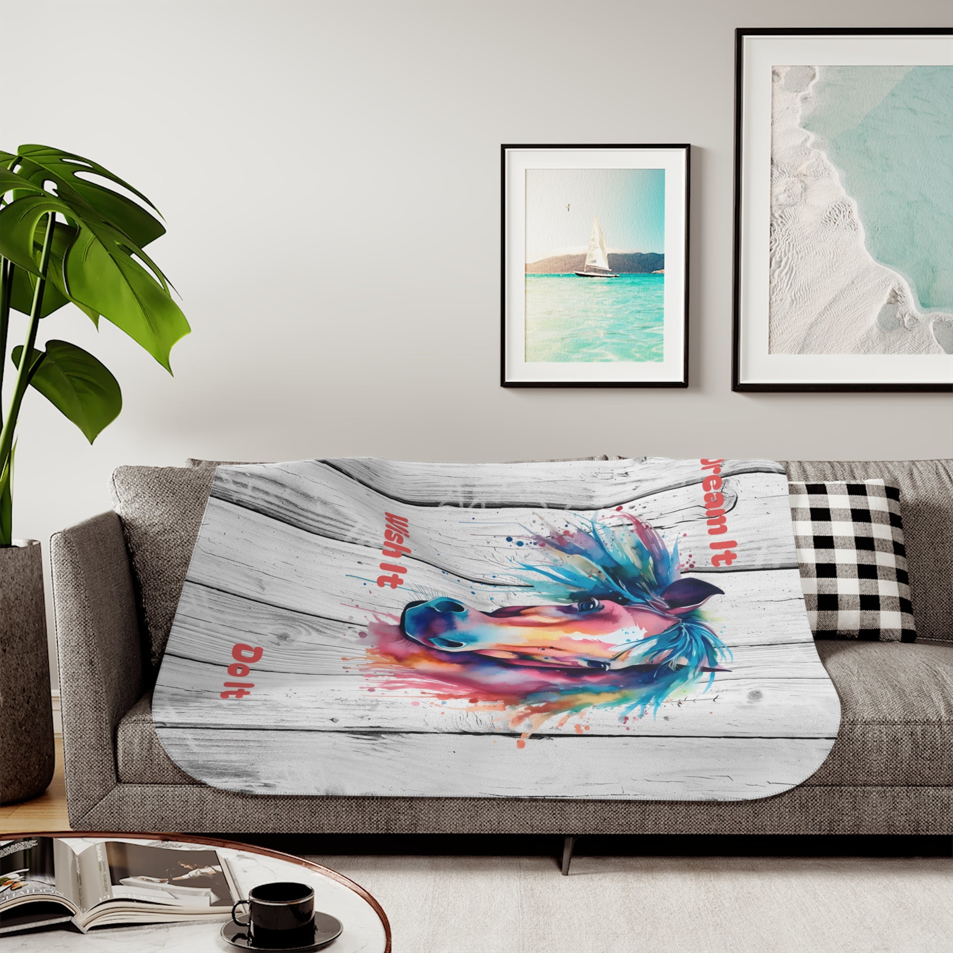 Watercolor horse Sherpa blanket featuring a two-tone cozy throw, ideal for home decor and comfort.