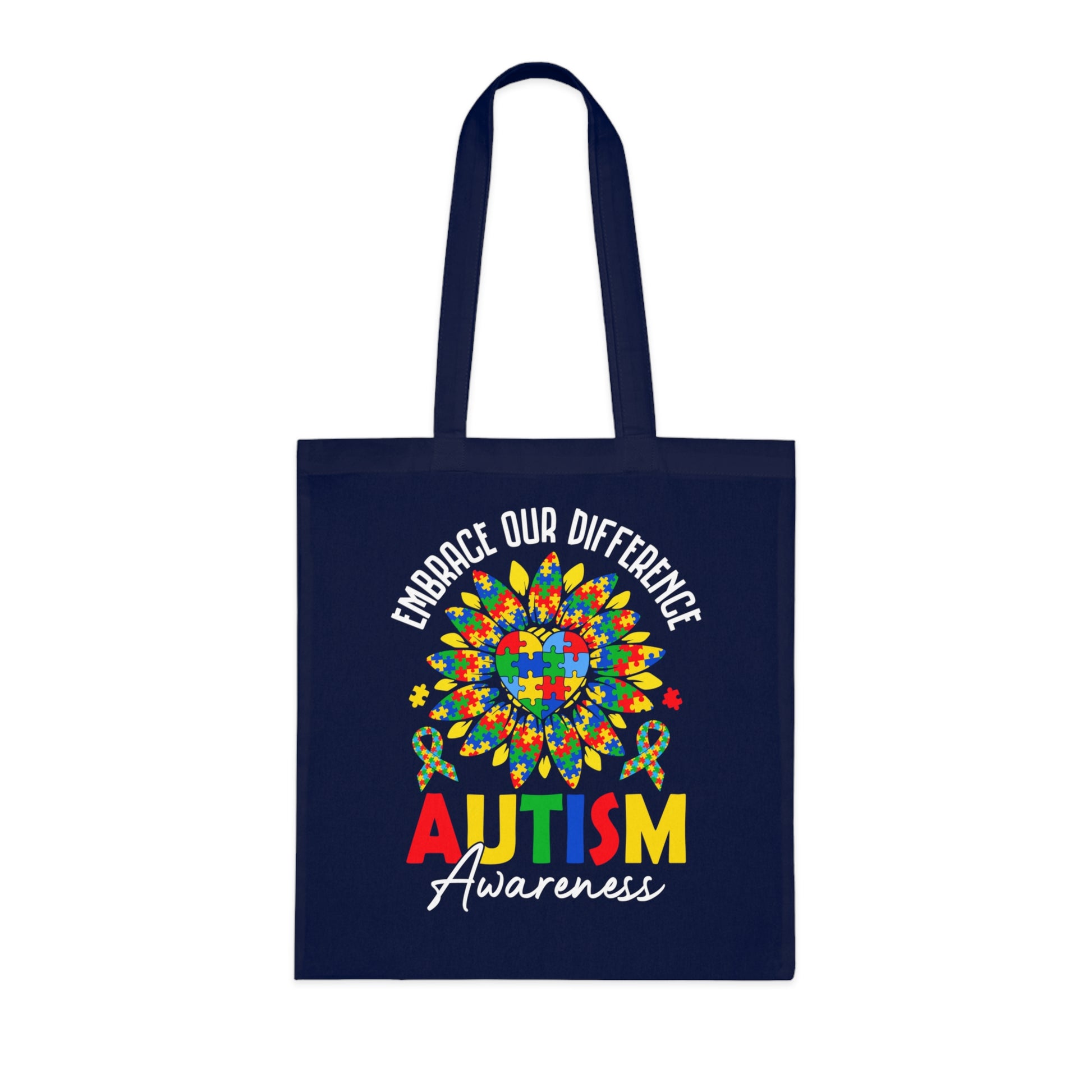 Autism Awareness Cotton Tote — "Embrace Our Difference" Puzzle Ribbon Design - Ramshackle Shack