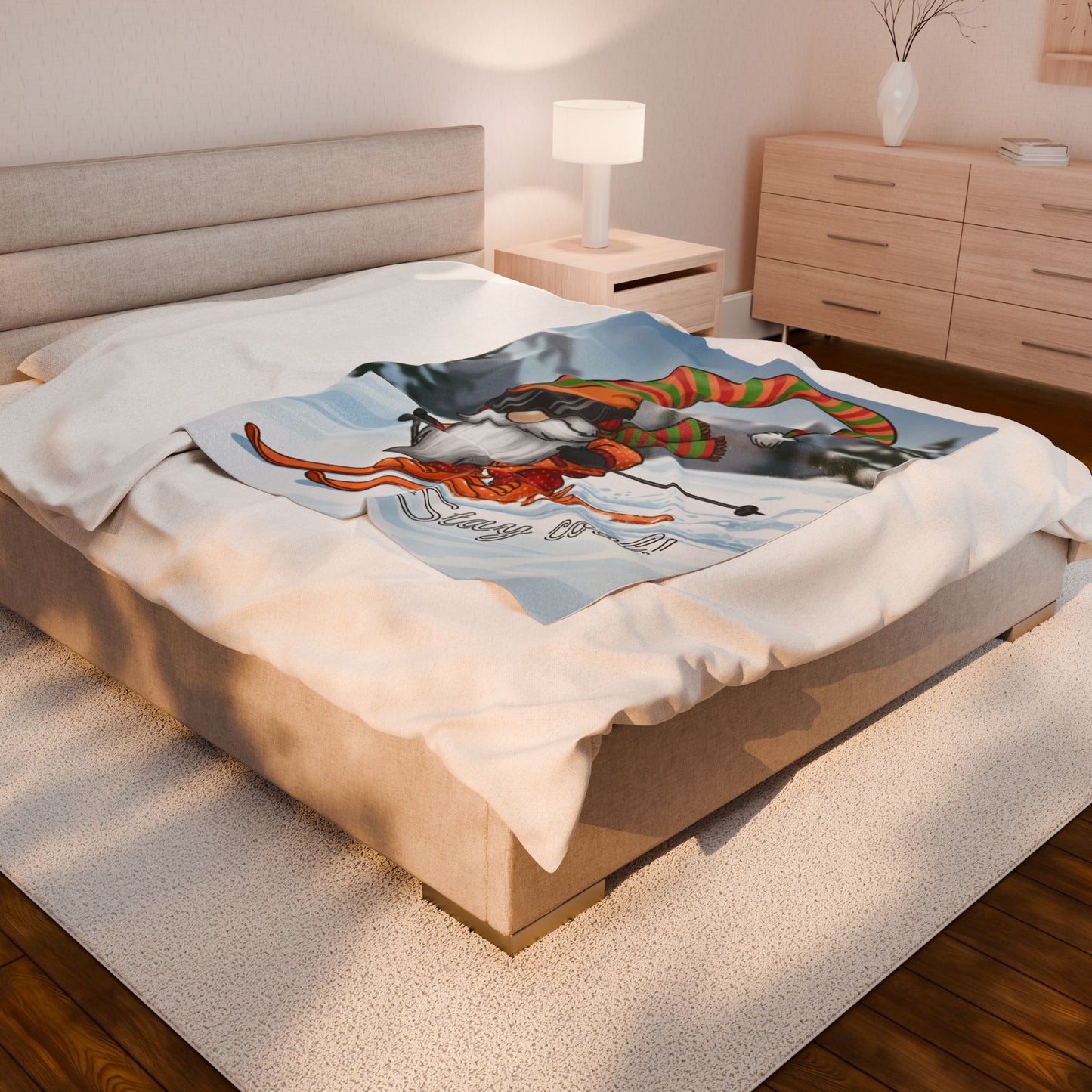 Skiing Gnome Velveteen Plush Blanket Stay Cool Winter Throw - Ramshackle Shack