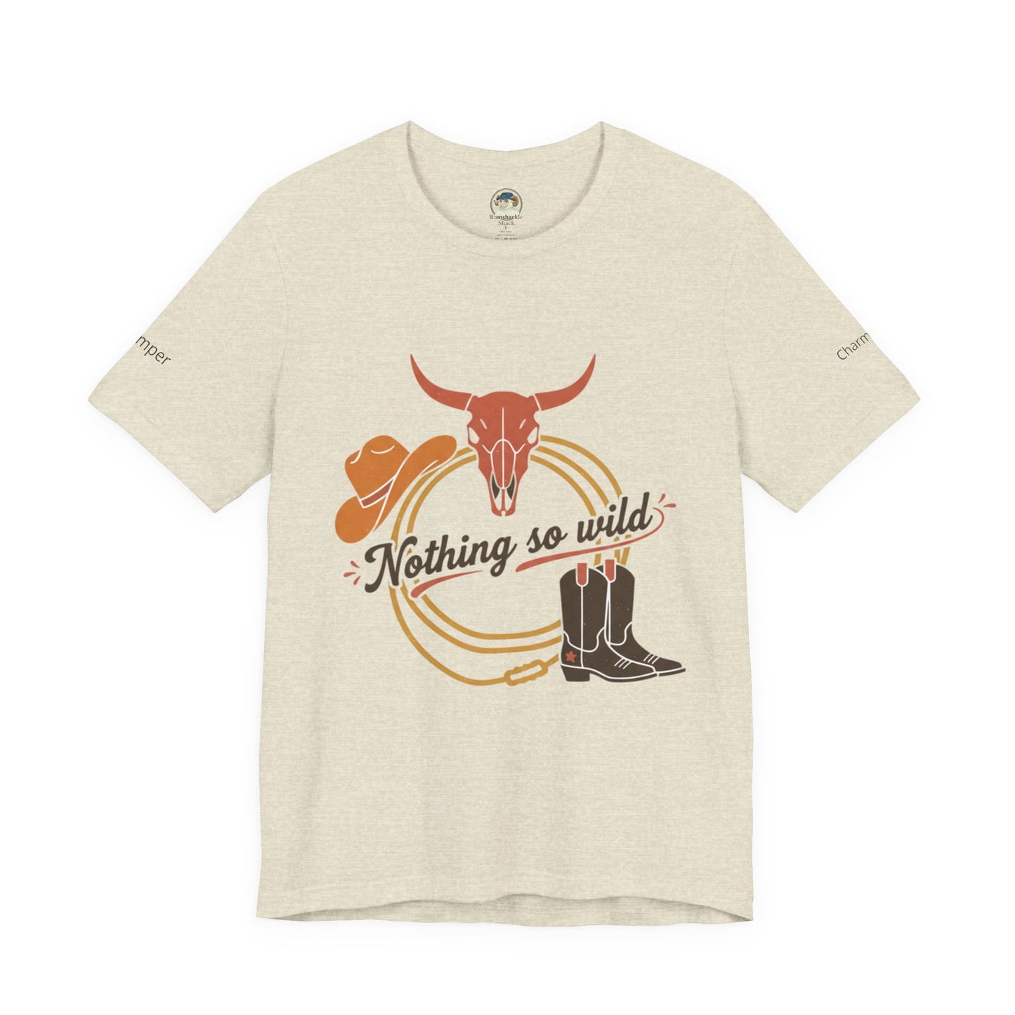 Personalized western sunset T-shirt from Nothing So Wild Rider Tee by Printify, featuring a rugged desert sunset design.