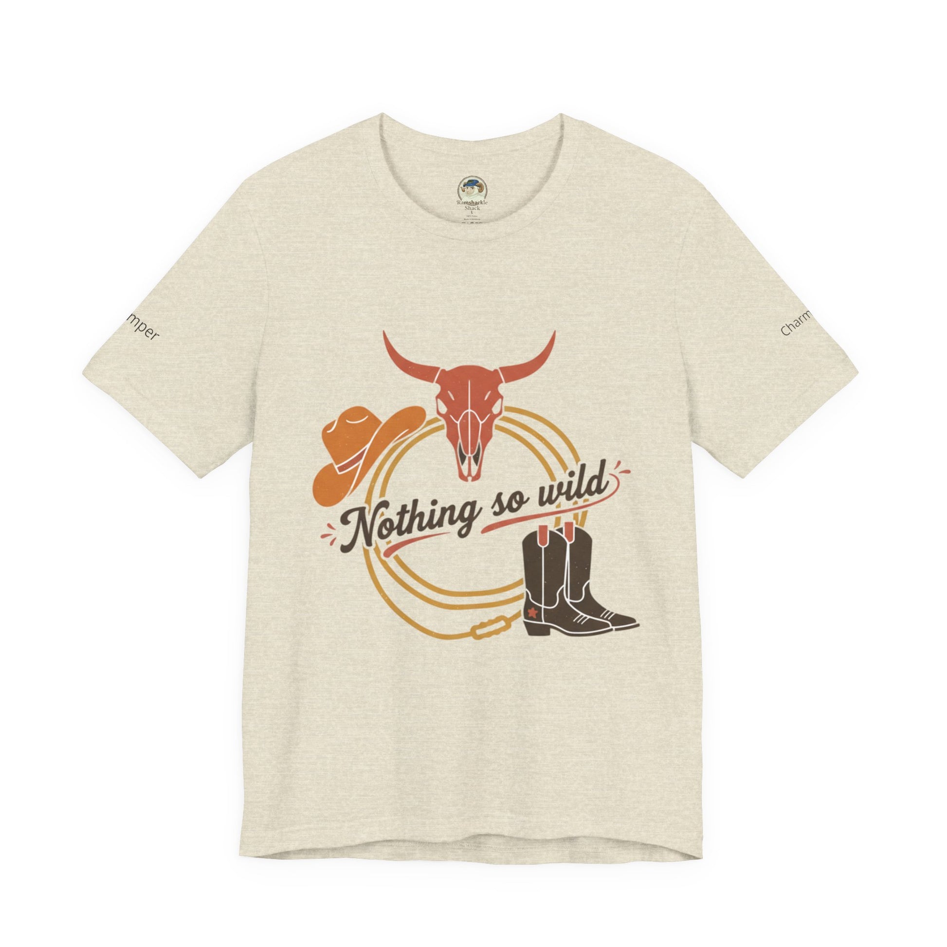 Personalized western sunset T-shirt from Nothing So Wild Rider Tee by Printify, featuring a rugged desert sunset design.