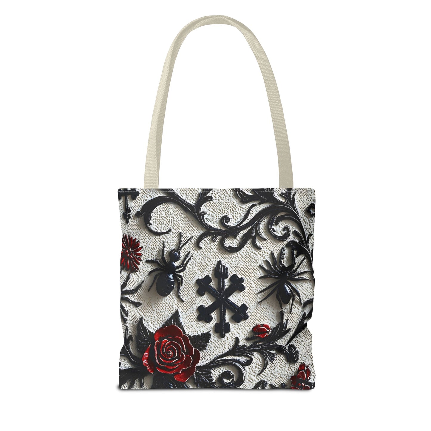 Gothic filigree tote bag with ornate dark floral all-over print, featuring intricate design and spacious bag for everyday use.