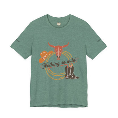 Personalized Western sunset T-shirt from Nothing So Wild Rider Tee collection, featuring a vibrant sunset design on a casual T-shirt.