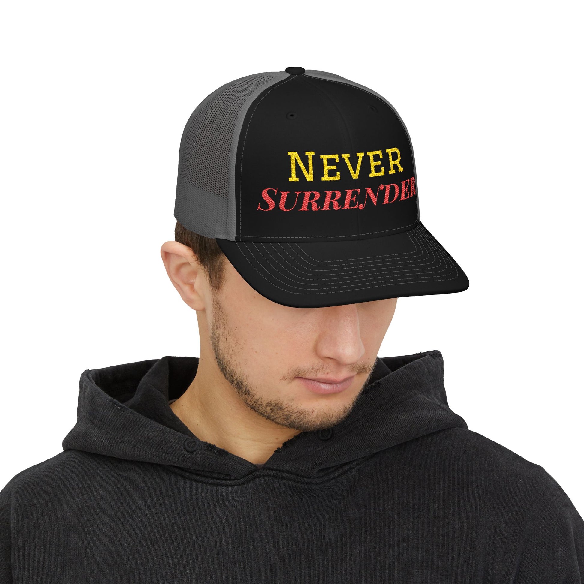 Printify Never Surrender snapback trucker cap featuring a structured brim, adjustable snap closure, and bold printed design.