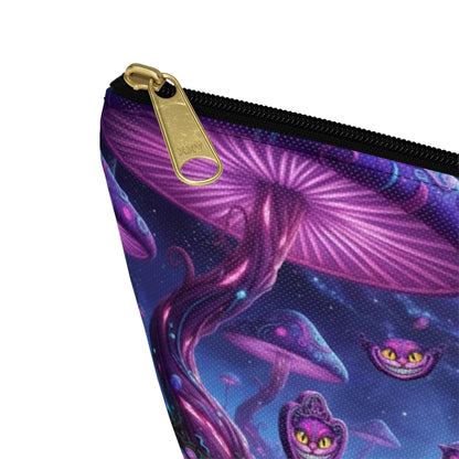 Cheshire Cat mushroom accessory pouch featuring colorful cartoon design, ideal for makeup or snacks, by Printify.