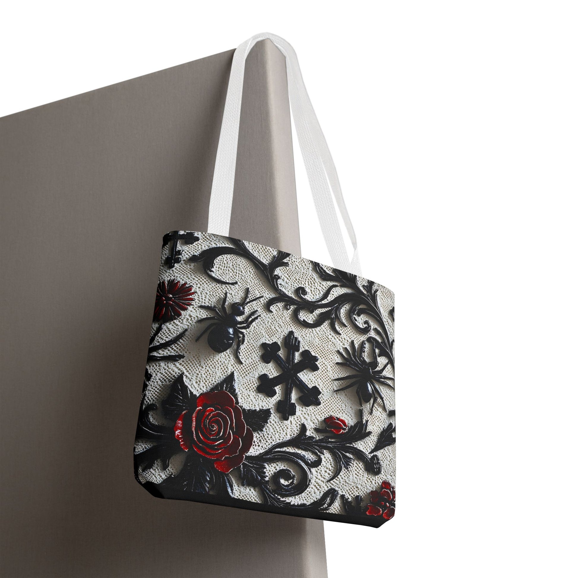 Gothic filigree tote bag with ornate dark floral print, showcasing intricate design and spacious bag for everyday use.