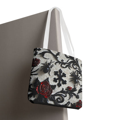 Gothic filigree tote bag with ornate dark floral print, showcasing intricate design and spacious bag for everyday use.