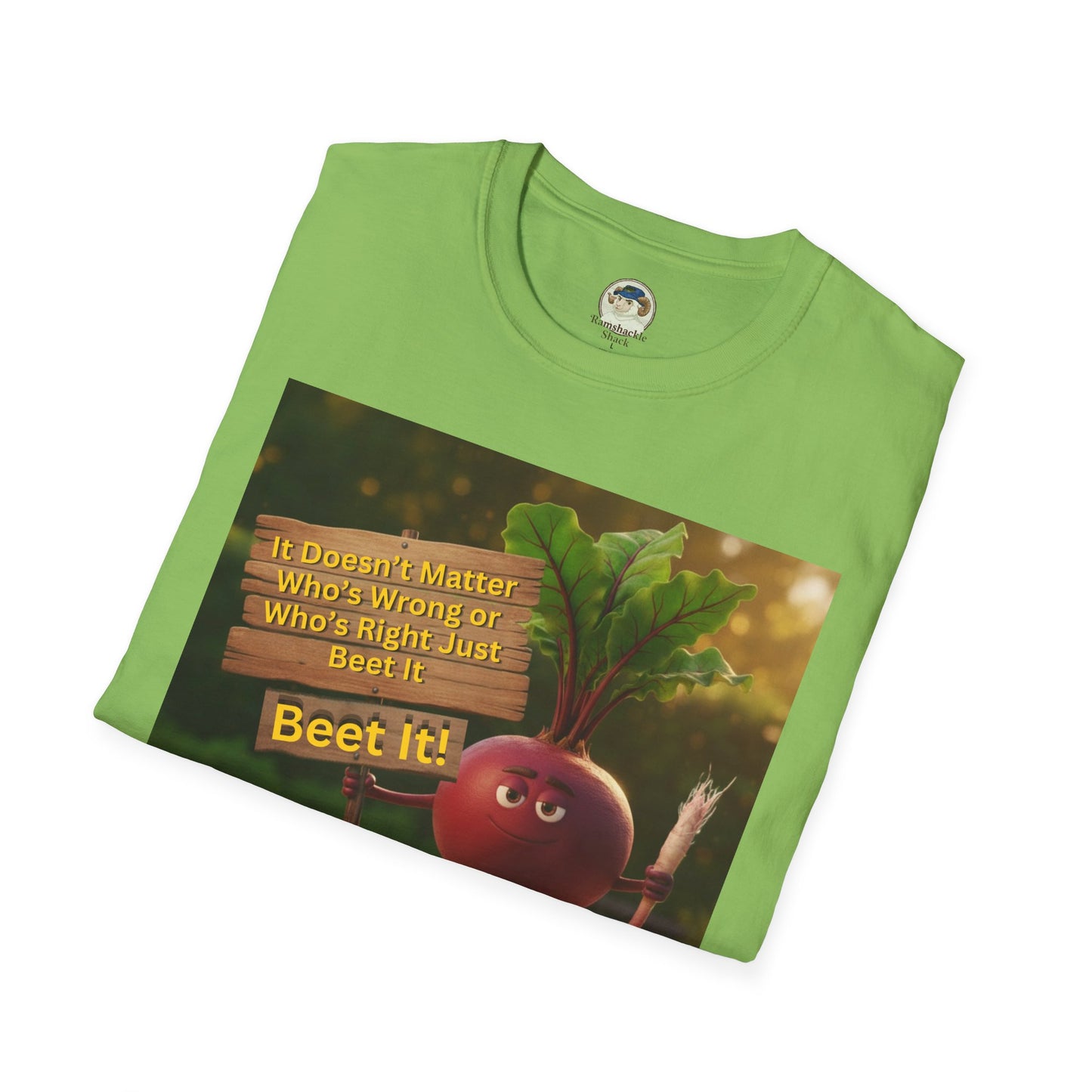 Unisex softstyle T-shirt with humorous beetroot graphic design, featuring "Just Beet It!" slogan, by Printify.