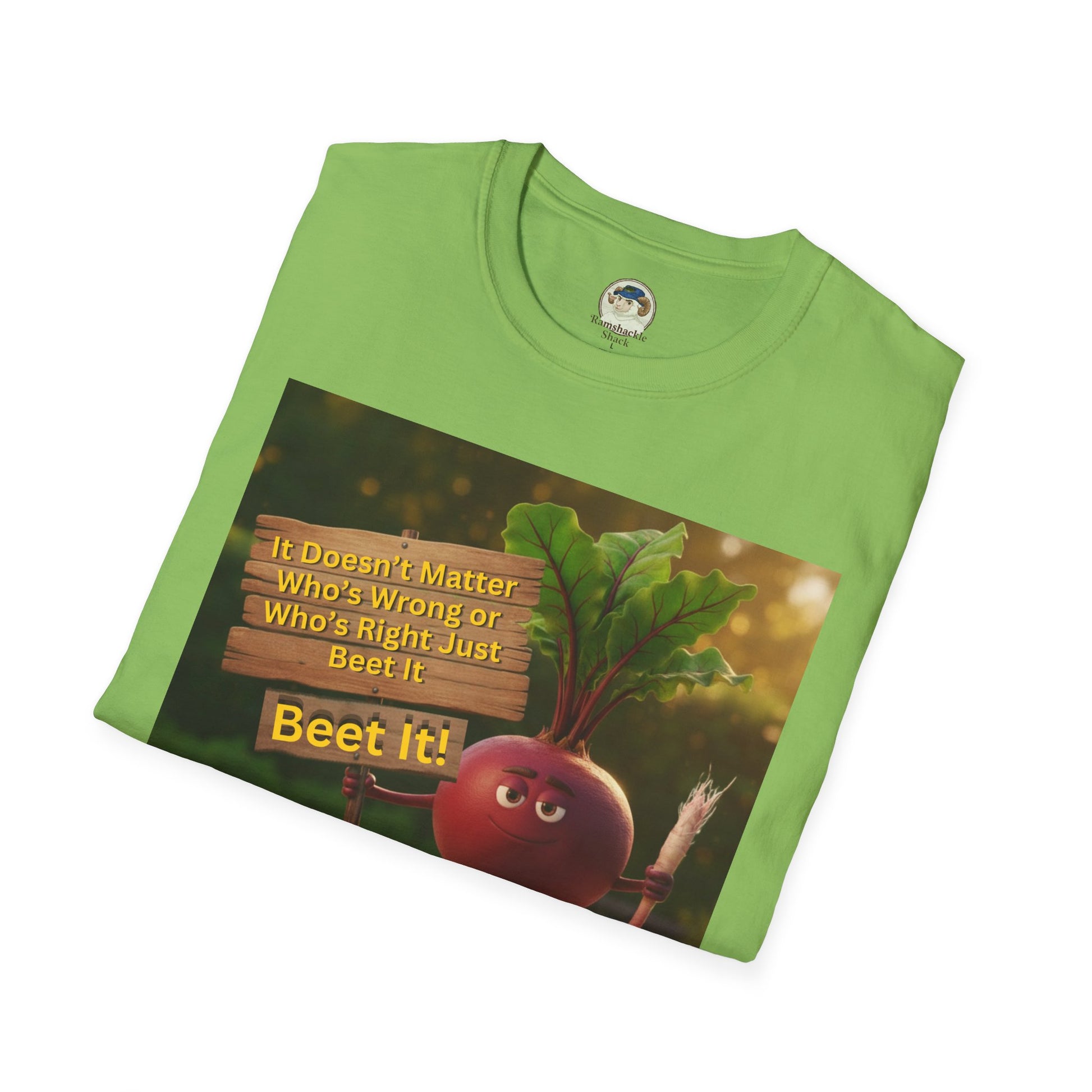 Unisex softstyle T-shirt with humorous beetroot graphic design, featuring "Just Beet It!" slogan, by Printify.