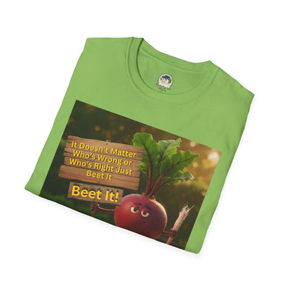 Unisex softstyle T-shirt with humorous beetroot graphic design, featuring "Just Beet It!" slogan, by Printify.