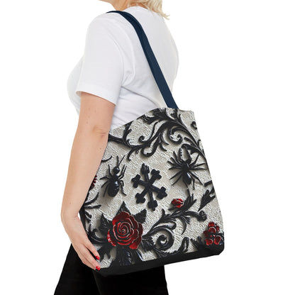 Gothic filigree tote bag with ornate dark floral all-over print, featuring intricate black and dark purple floral design on canvas.