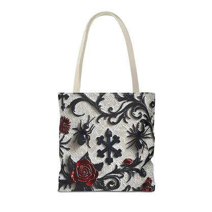 Gothic filigree tote bag with ornate dark floral all-over print, featuring intricate design and sturdy bag structure.