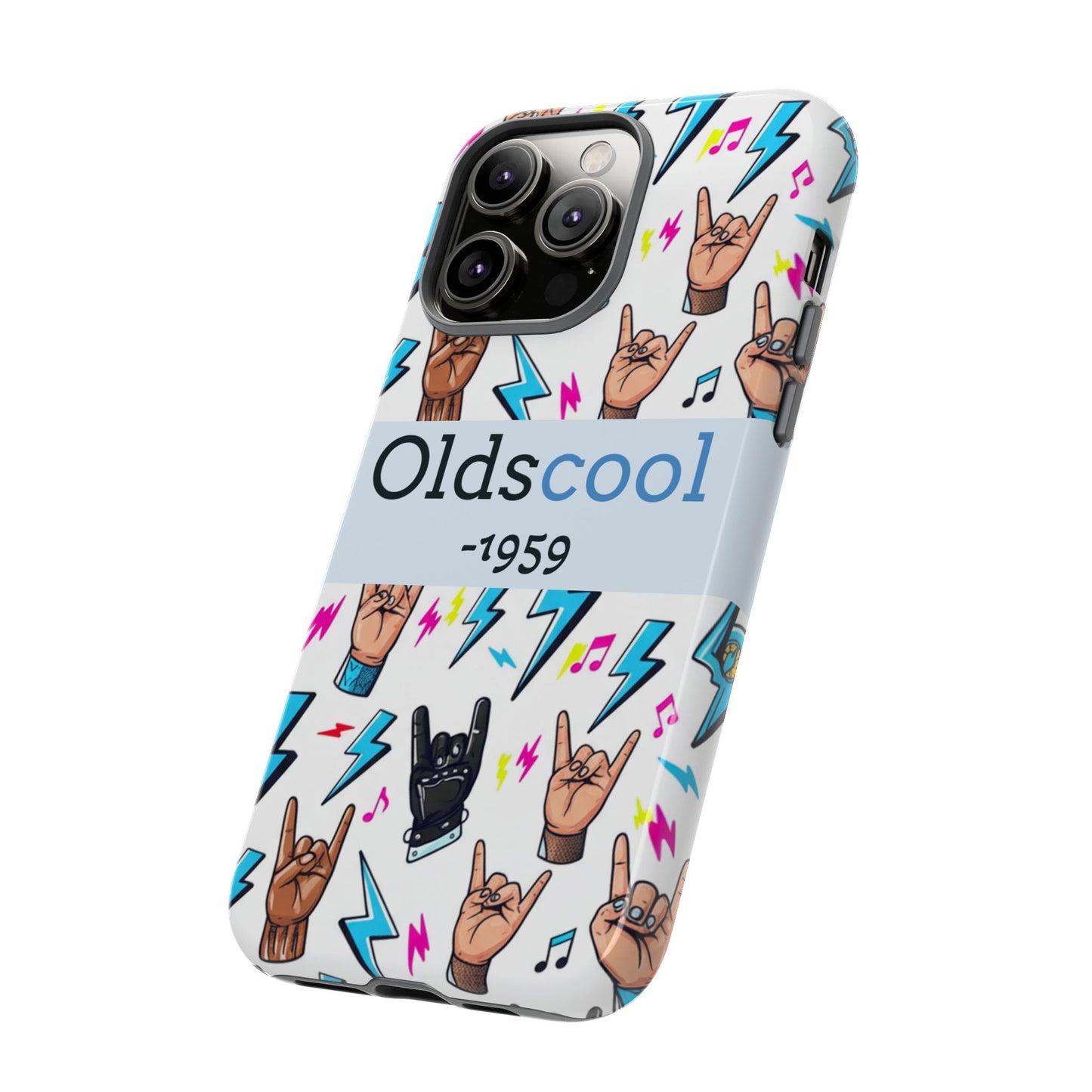 Retro Rock 'Oldscool 1959' Phone Case – Lightning & Rock Hand Pattern - Ramshackle Shack