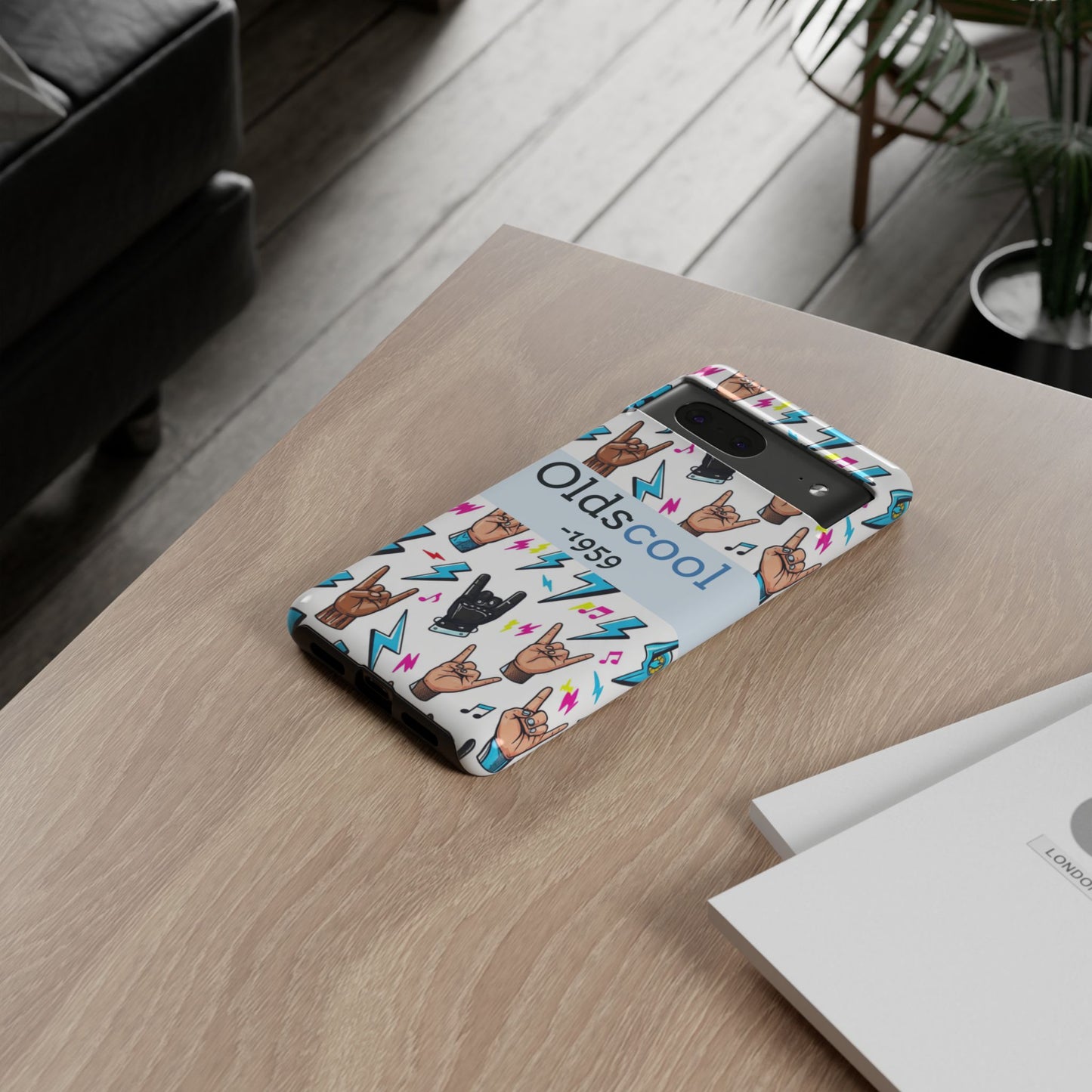 Retro Rock 'Oldscool 1959' Phone Case – Lightning & Rock Hand Pattern - Ramshackle Shack