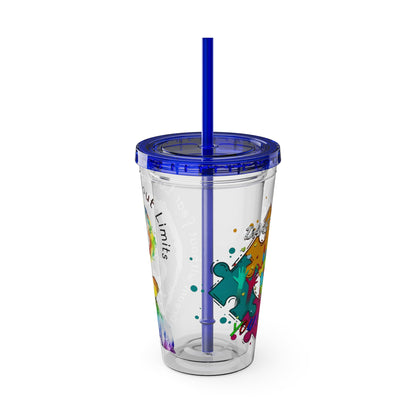 16oz Printify Sunsplash Tumbler featuring watercolor elephant design and paint-splatter puzzle, with a reusable straw.