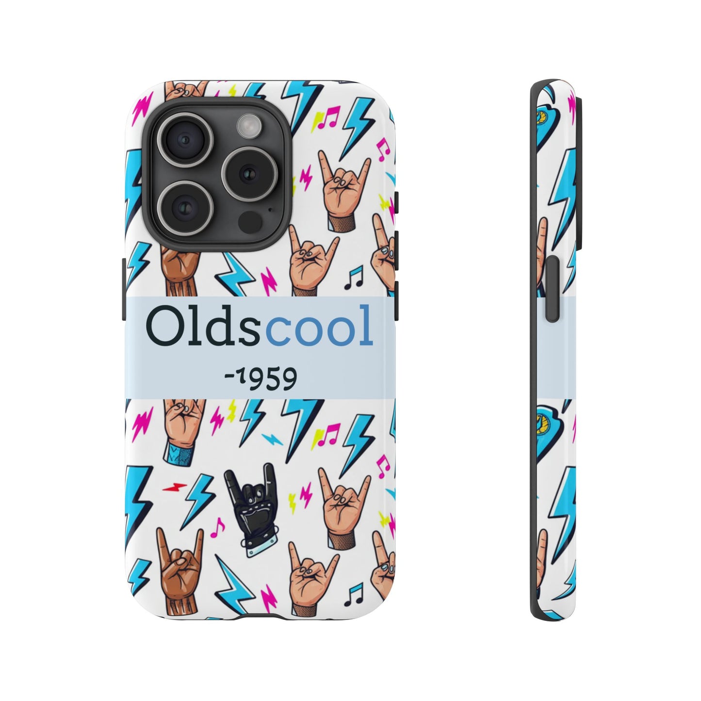 Retro Rock 'Oldscool 1959' Phone Case – Lightning & Rock Hand Pattern - Ramshackle Shack