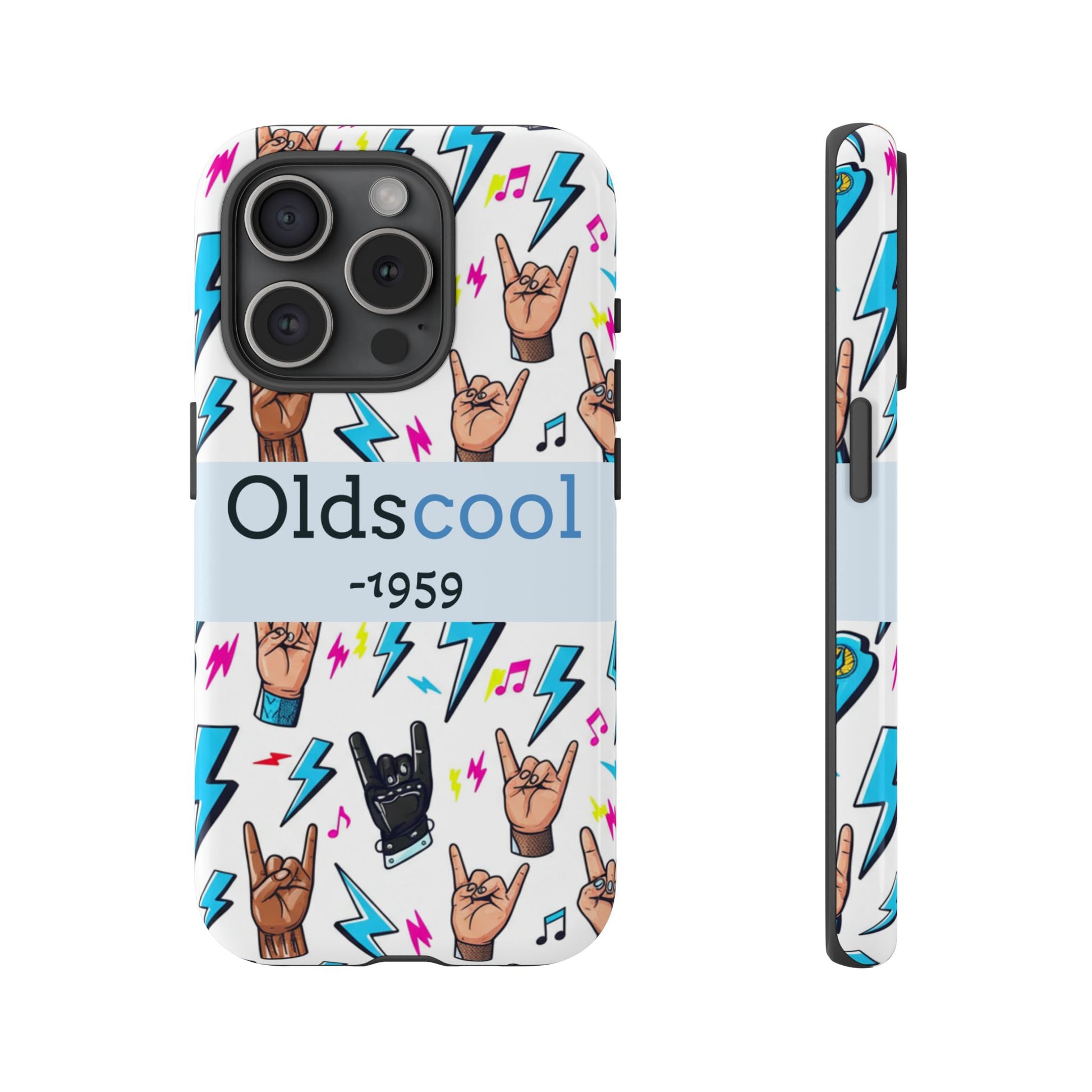 Retro Rock 'Oldscool 1959' Phone Case – Lightning & Rock Hand Pattern - Ramshackle Shack