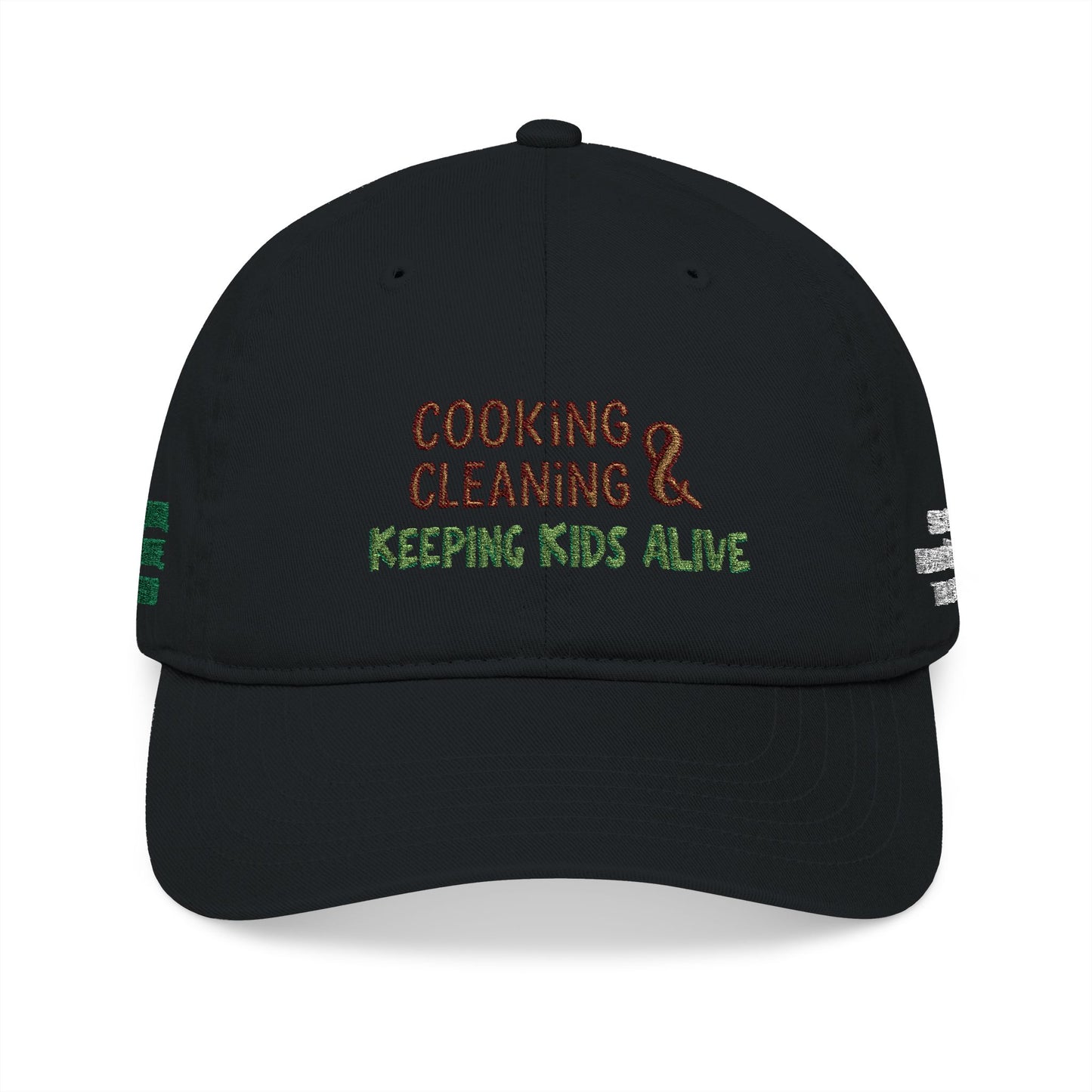 Organic baseball cap with embroidered custom name, featuring humorous cooking, cleaning, and parenting quote, by Printify.