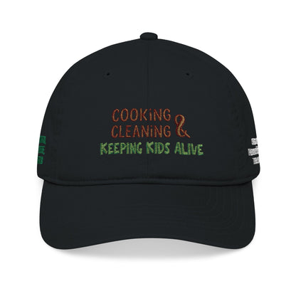 Organic baseball cap with embroidered custom name, featuring humorous cooking, cleaning, and parenting quote, by Printify.