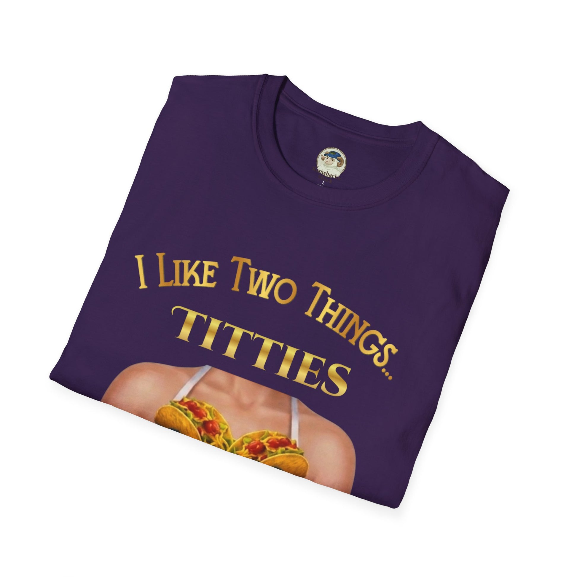 Funny graphic T-shirt from Printify featuring the phrase "I Like Two Things: Titties and Tacos" with colorful taco and text design.