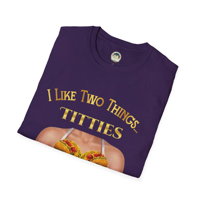Funny graphic T-shirt from Printify featuring the phrase "I Like Two Things: Titties and Tacos" with colorful taco and text design.