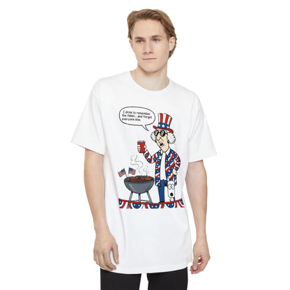 Sassy Max "I Drink to Remember" patriotic graphic T-shirt for tall men, featuring a humorous design on a comfortable fabric.