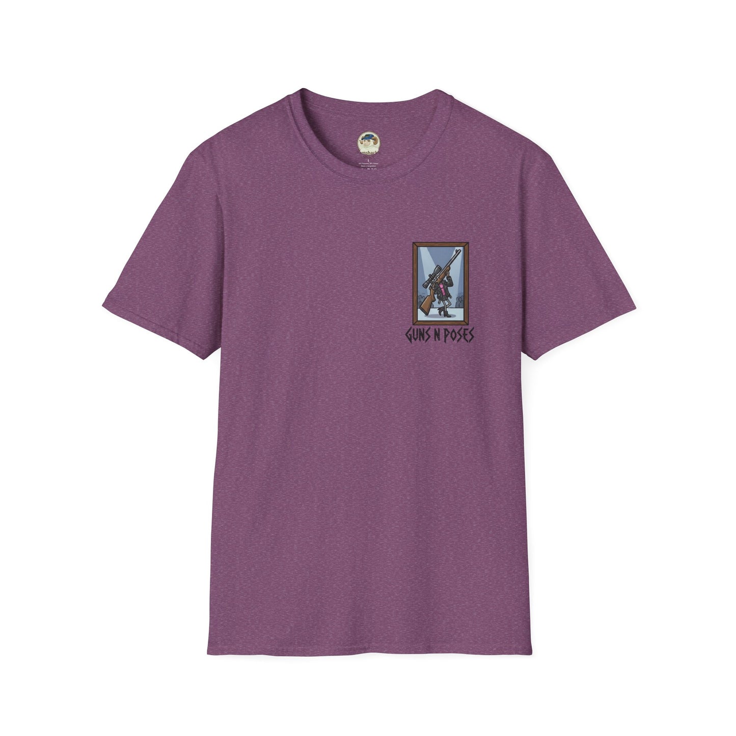 Printify T-Shirt featuring artwork from "Guns in Poses" gallery, showcasing high-caliber gun illustrations on a casual shirt.