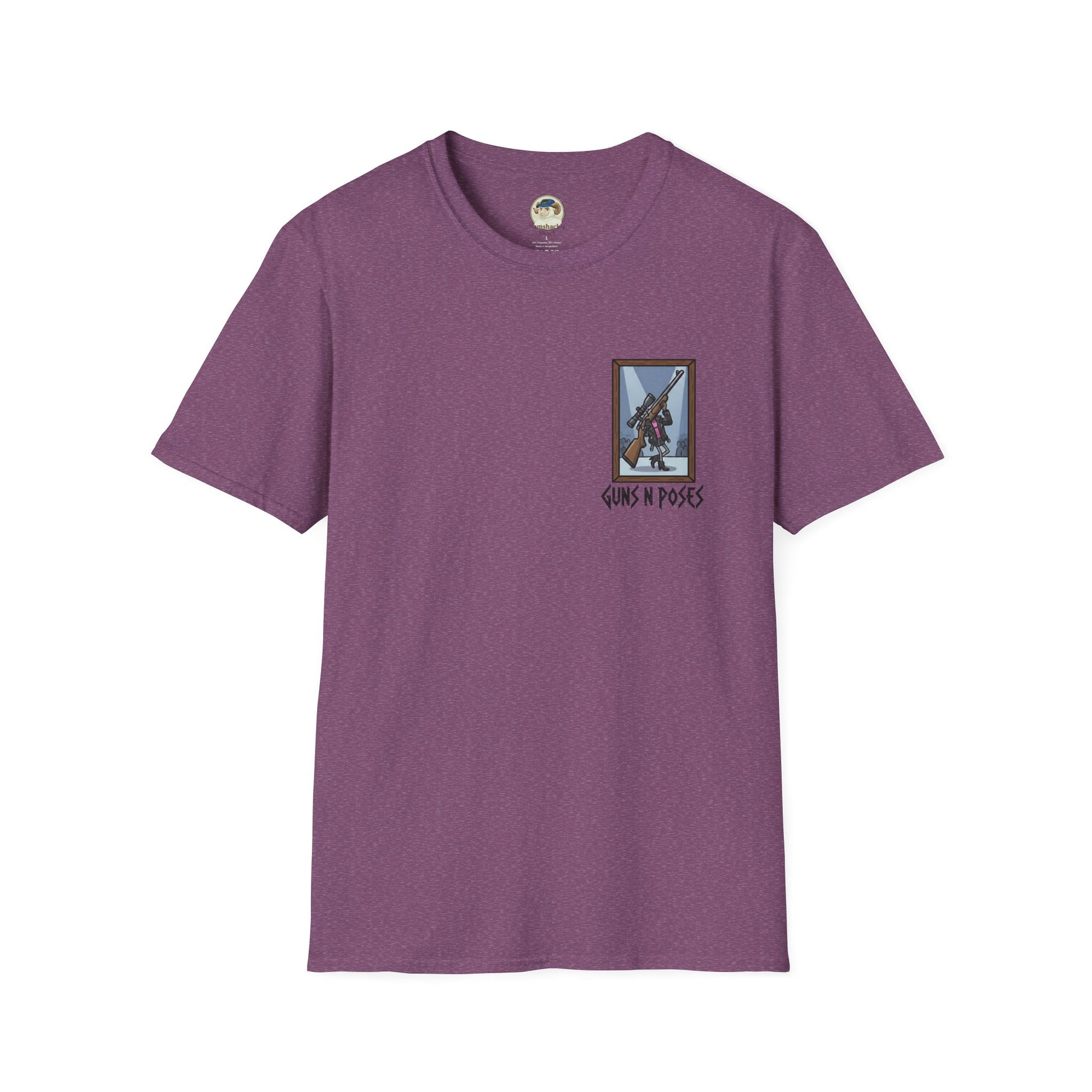 Printify T-Shirt featuring artwork from "Guns in Poses" gallery, showcasing high-caliber gun illustrations on a casual shirt.