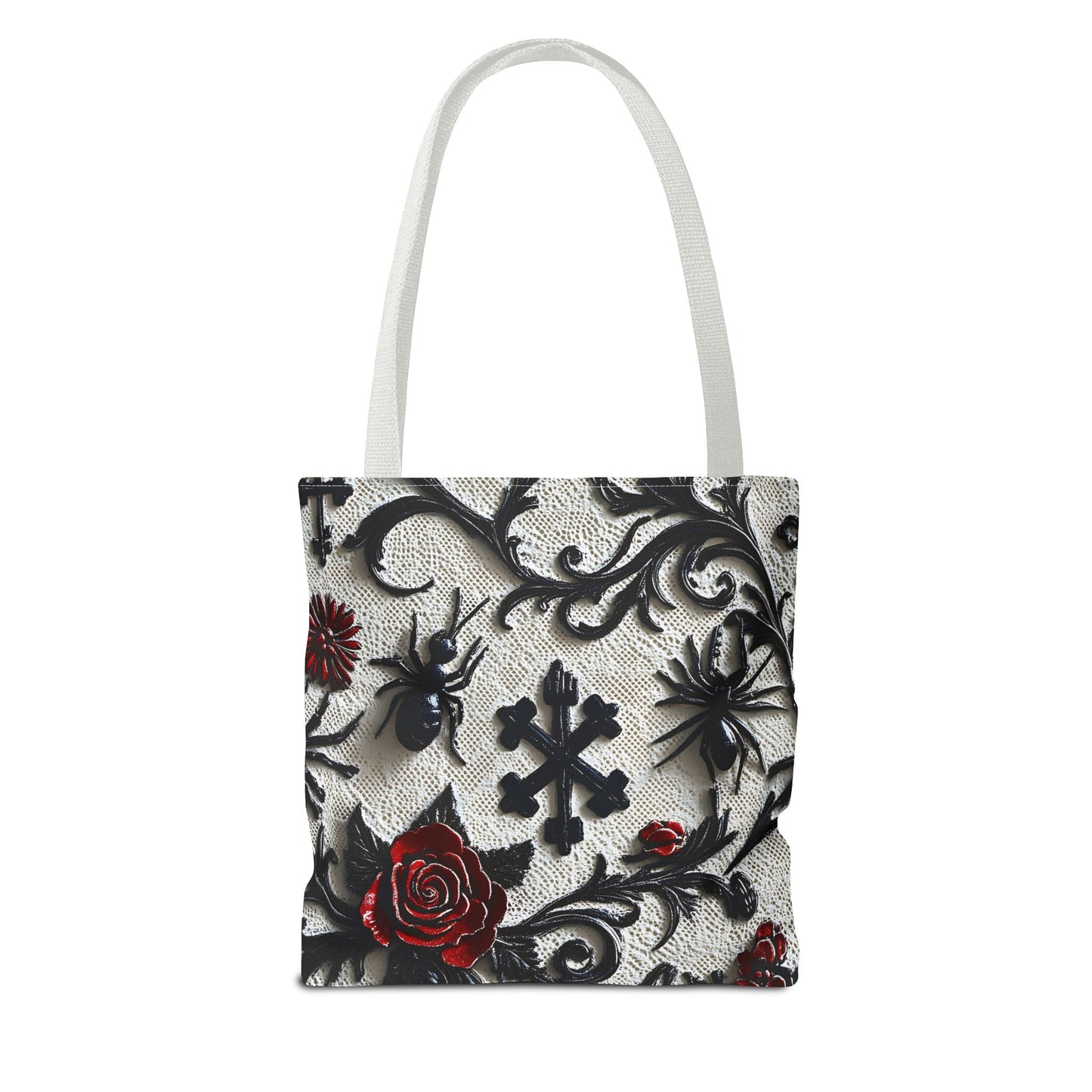 Gothic filigree tote bag with ornate dark floral all-over print, featuring detailed floral and filigree design on sturdy bag.