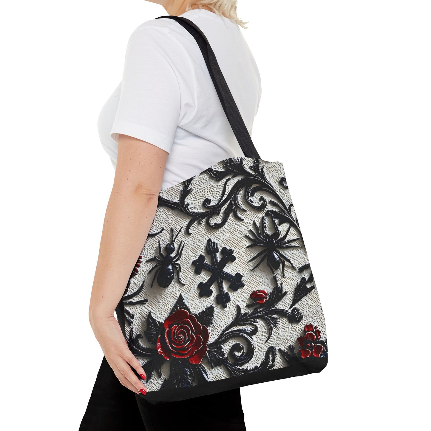 Gothic filigree tote bag with ornate dark floral all-over print, stylish bag with intricate floral design by Printify