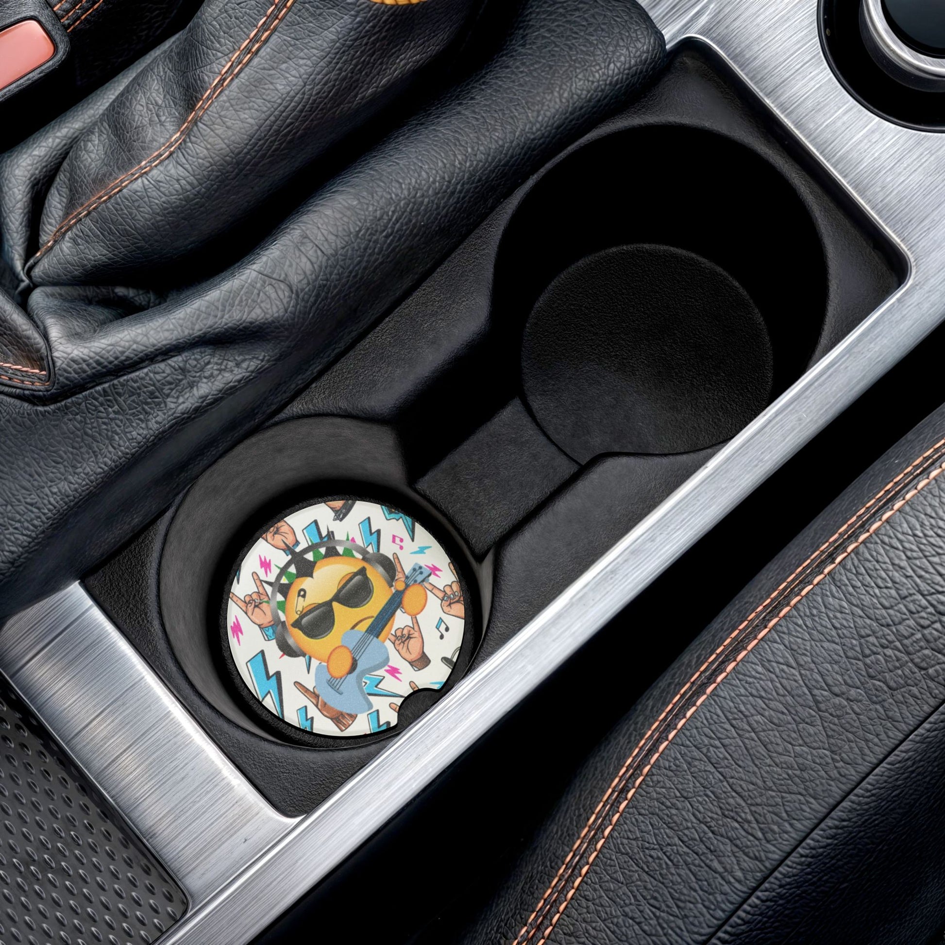Rock Emoji Absorbent Car Coasters — Rock and Roll Gifts for Guitar Lovers | Soapstone Cup Holder Insert for Music Themed Car Decor - Ramshackle Shack