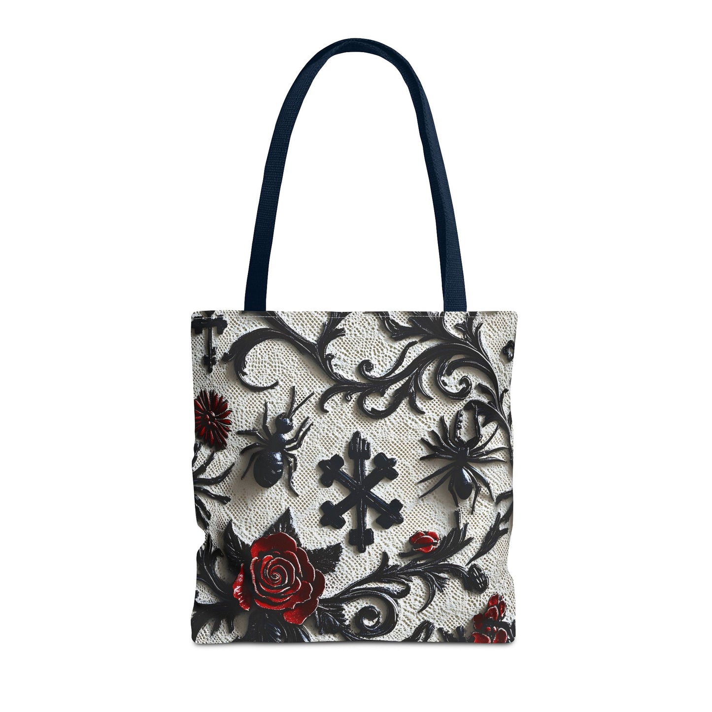Gothic filigree tote bag with ornate dark floral print, featuring intricate black and purple floral patterns on a black background.