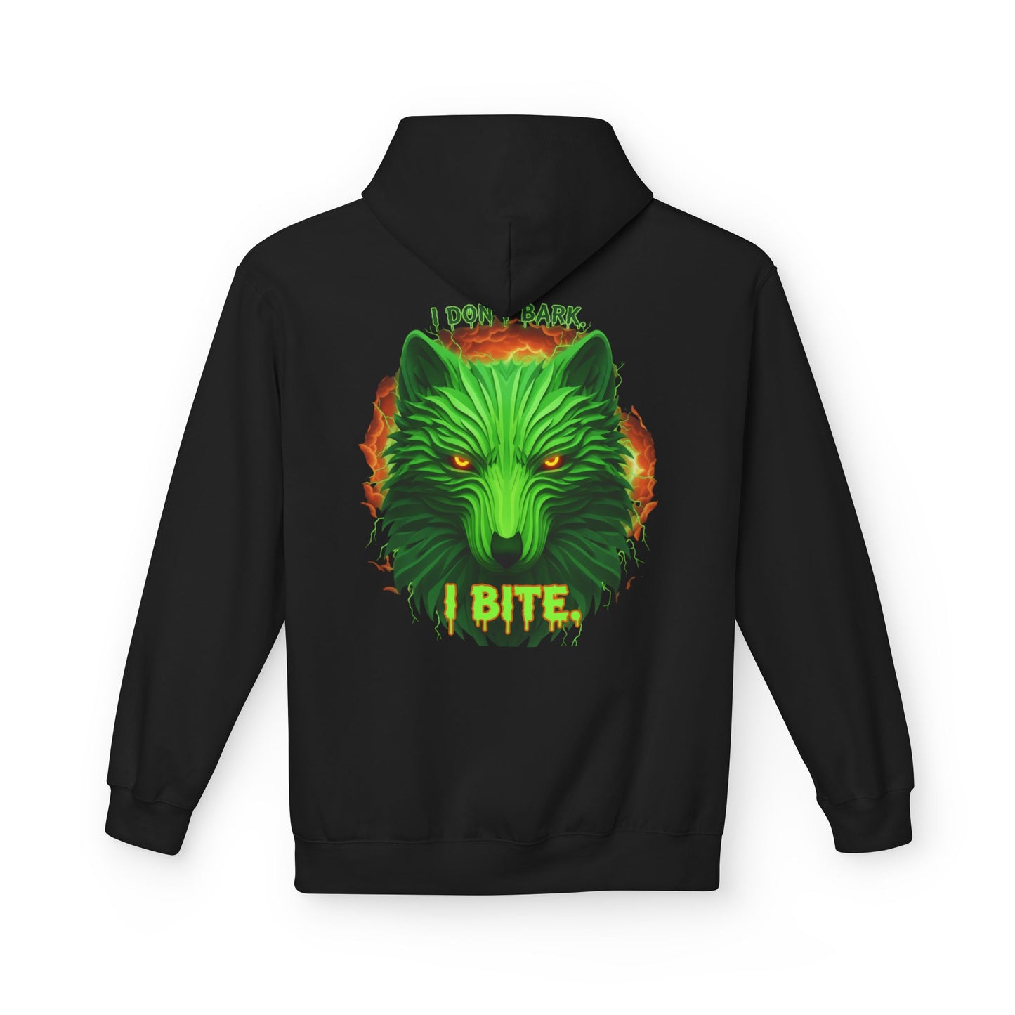 Neon green wolf graphic hoodie for night riders, Printify I Bite Wolf hoodie, featuring a bold wolf design on a comfortable hoodie.