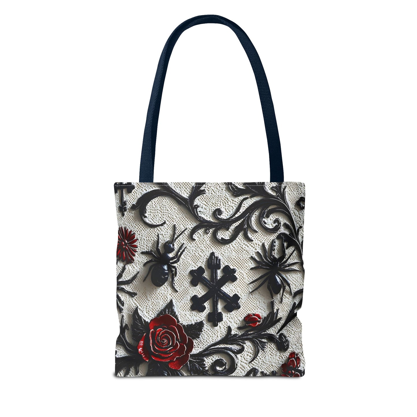 Gothic filigree tote bag with dark floral all-over print, featuring ornate design and sturdy bag structure by Printify.