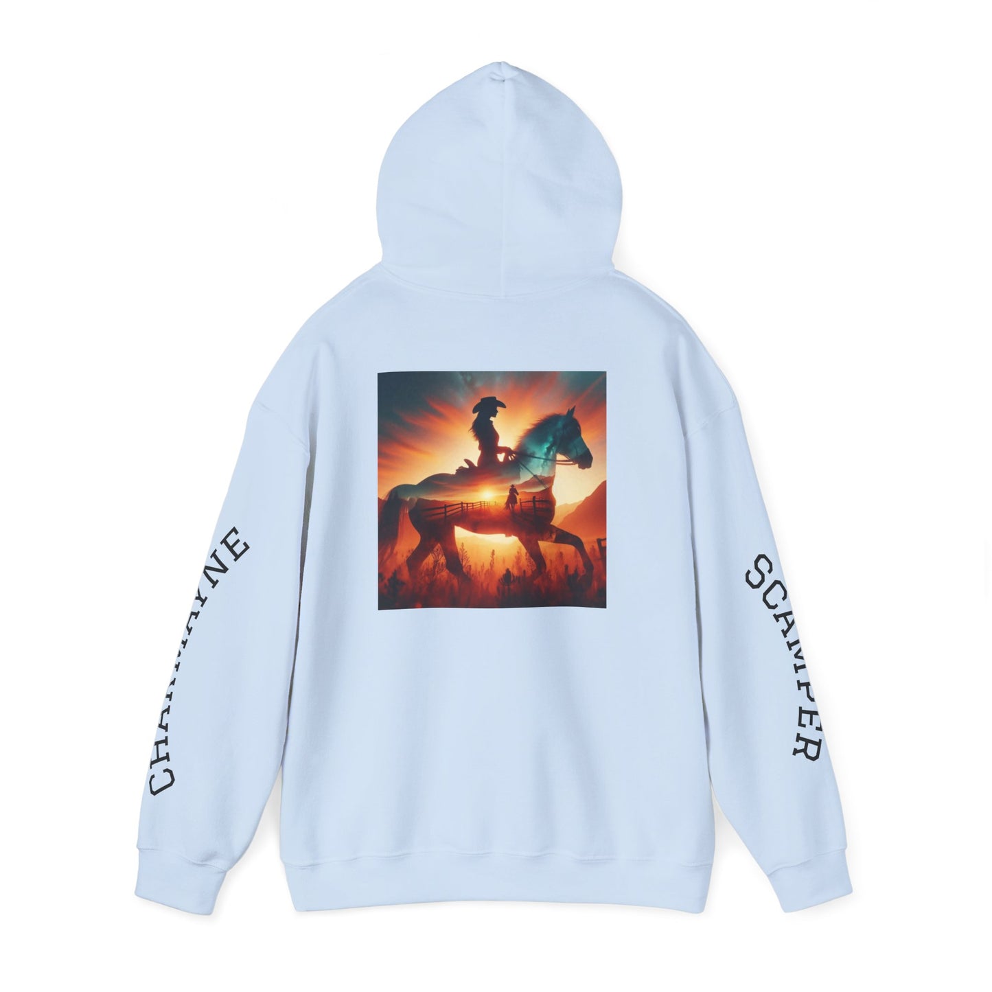 Western minimalist rider hoodie with personalized bull skull and prairie sunset design by Printify, featuring earthy tones and cozy fabric.