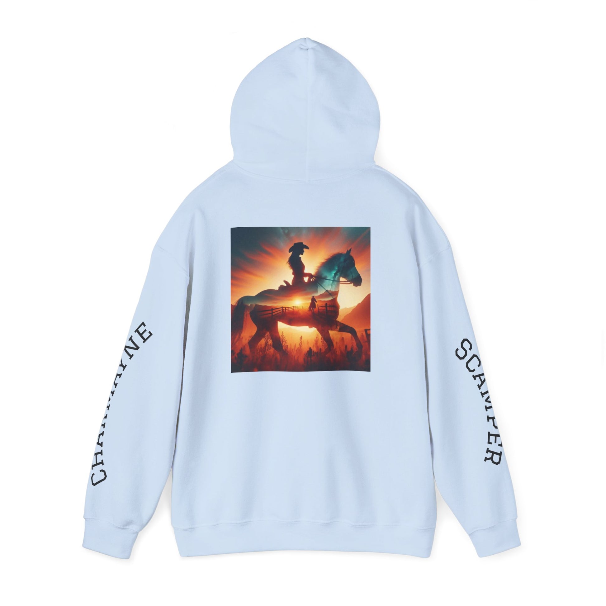 Western minimalist rider hoodie with personalized bull skull and prairie sunset design by Printify, featuring earthy tones and cozy fabric.