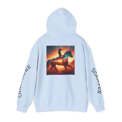 Western minimalist rider hoodie with personalized bull skull and prairie sunset design by Printify, featuring earthy tones and cozy fabric.