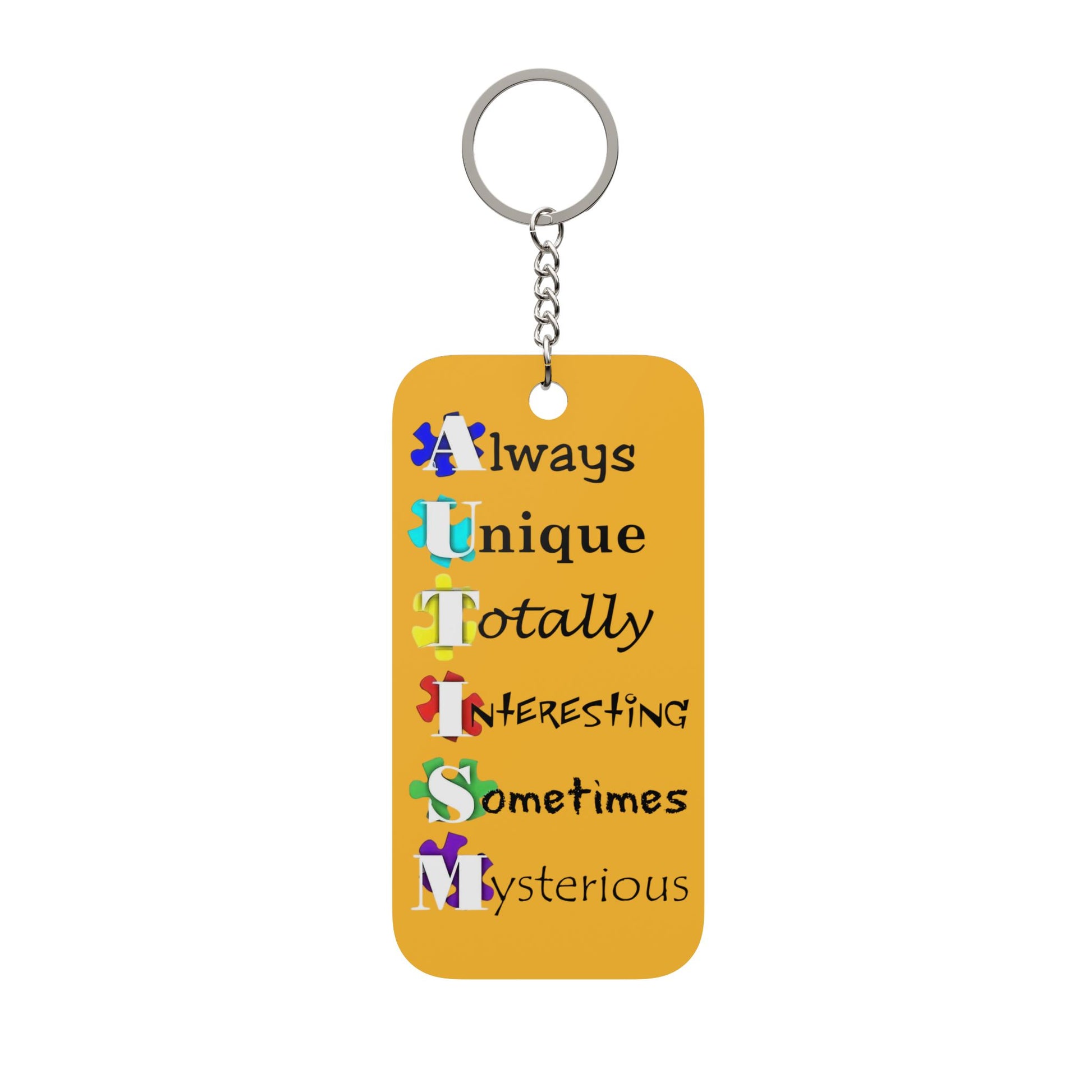 Autism Awareness double-sided keychain with colorful "A U T I S M" acronym and inspiring message, accessory by Printify.