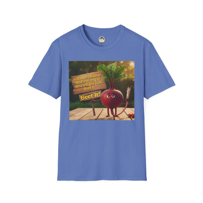 Unisex softstyle T-shirt with a humorous beetroot graphic print, featuring the "Just Beet It!" slogan on a casual tee.