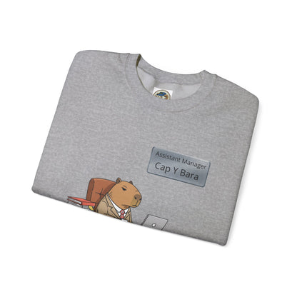 Adult sweatshirt featuring a capybara at a desk with an office theme, part of the Unhinged Animal Bureaucracy collection by Printify.