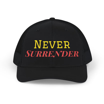 Printify Never Surrender snapback trucker cap with adjustable mesh back and bold front logo, stylish headwear for casual wear.