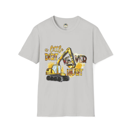 Excavator A Little Dirt Never Hurt TShirt  Custom Business Name & Logo Back - Ramshackle Shack
