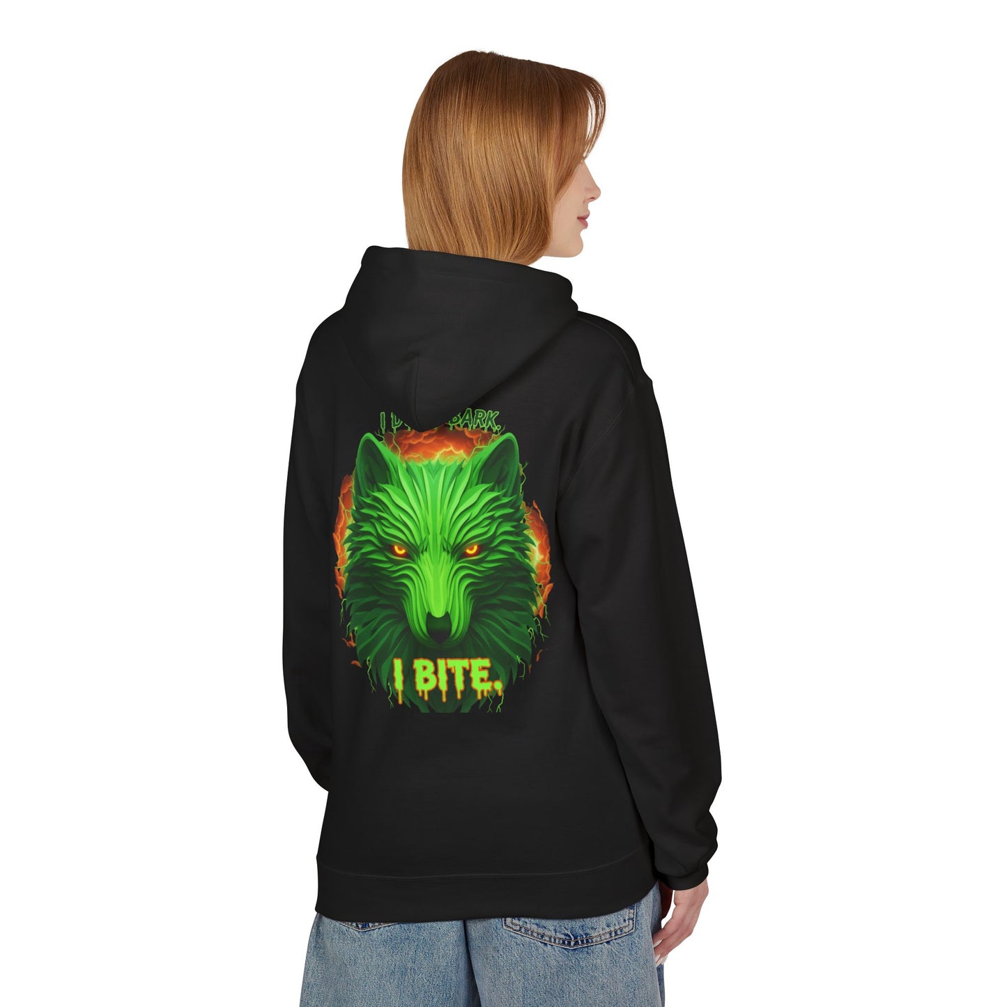 Neon green wolf graphic hoodie for night riders, I Bite Wolf hoodie by Printify featuring bold wolf design and comfortable fit.