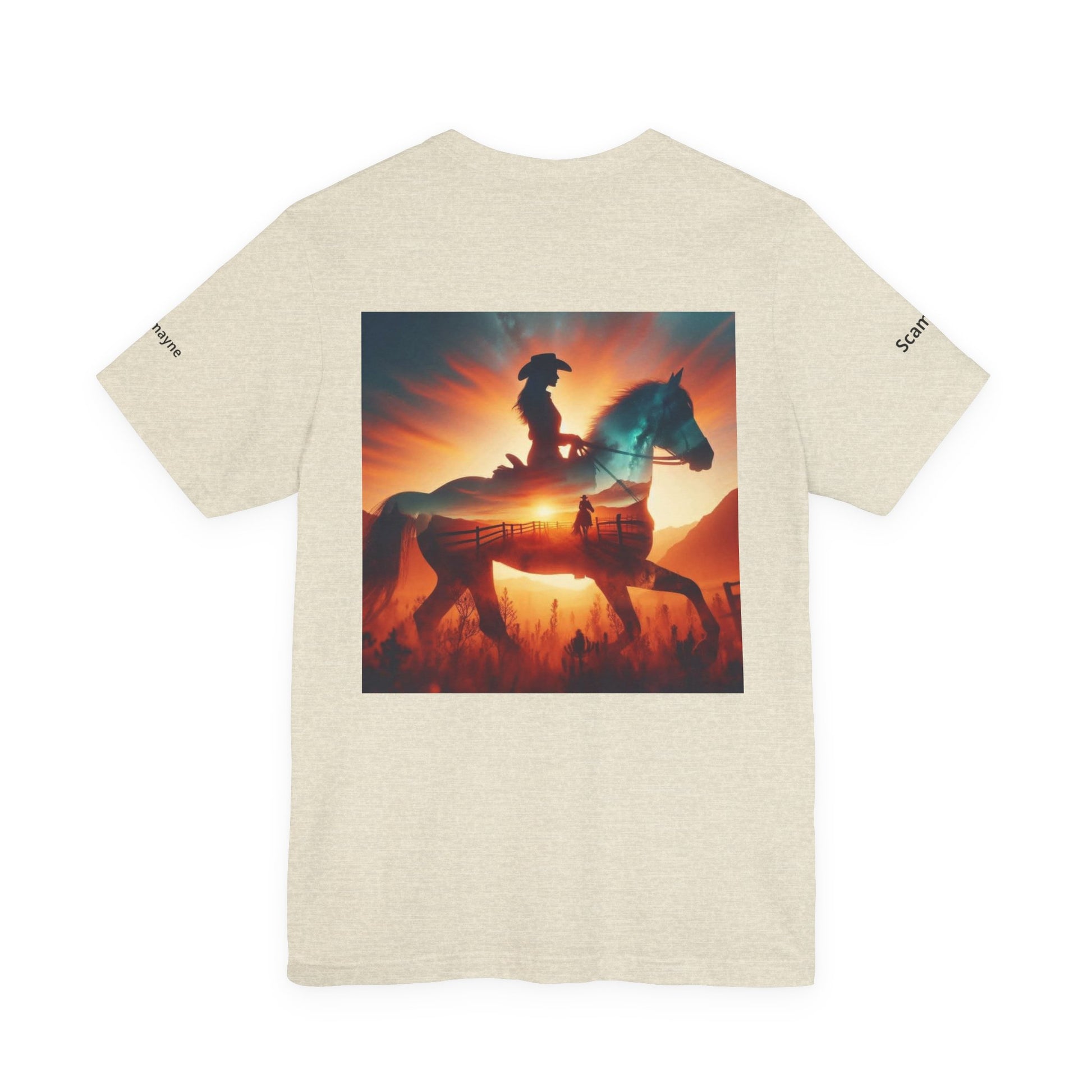 Personalized western sunset T-shirt by Printify featuring a casual rider design on a comfortable cotton T-shirt.