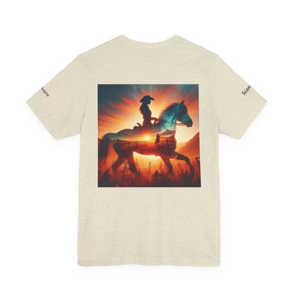 Personalized western sunset T-shirt by Printify featuring a casual rider design on a comfortable cotton T-shirt.