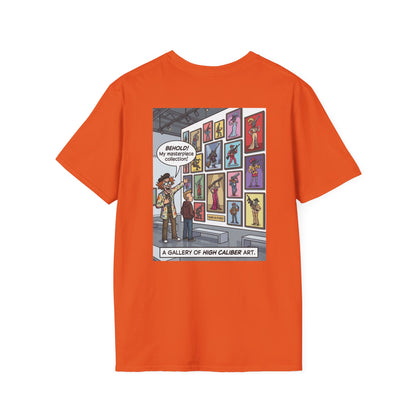 Black T-shirt featuring artistic prints of guns in various poses, designed by Printify for a bold, high-caliber art statement.