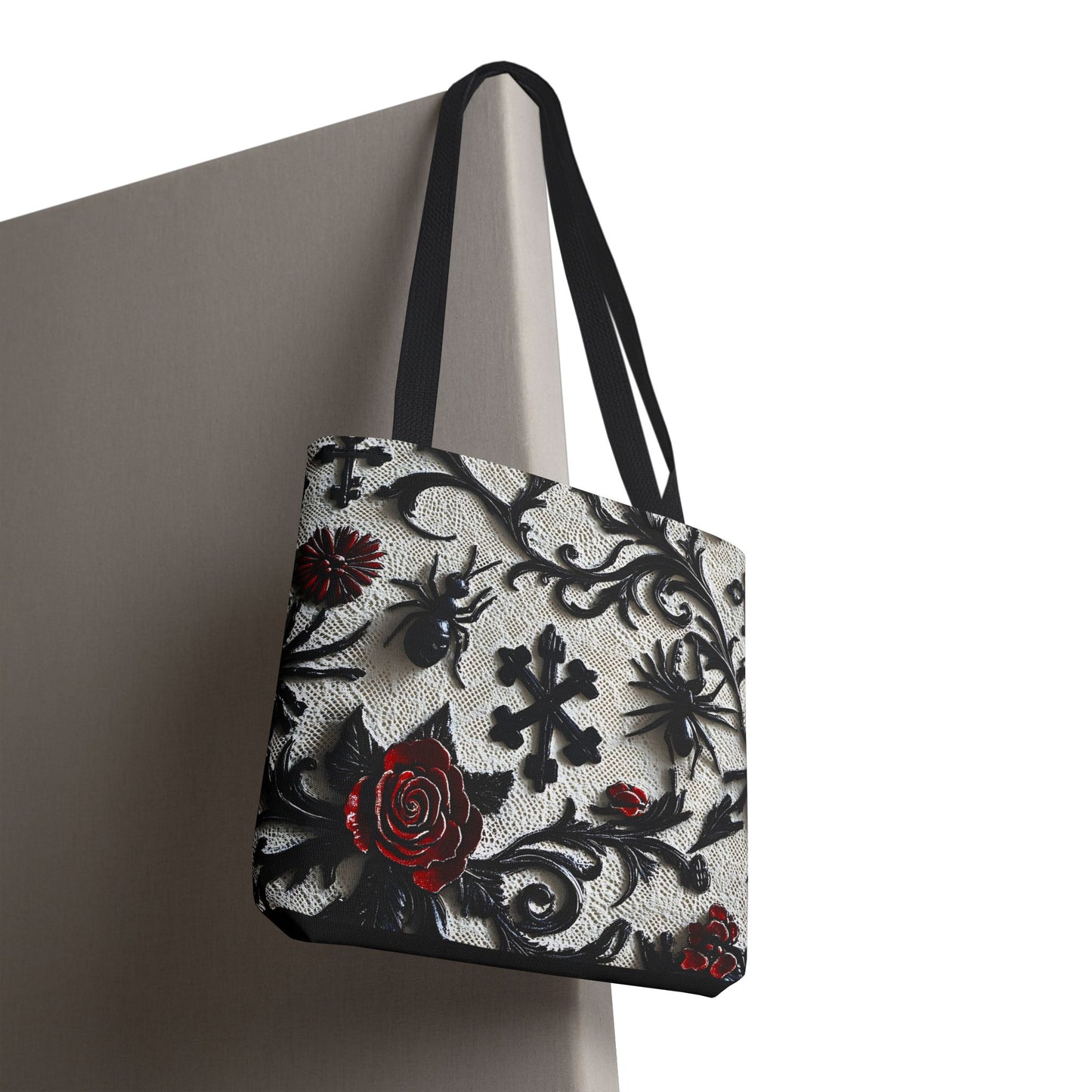Gothic filigree tote bag with ornate dark floral all-over print, featuring intricate design and sturdy bag handles.