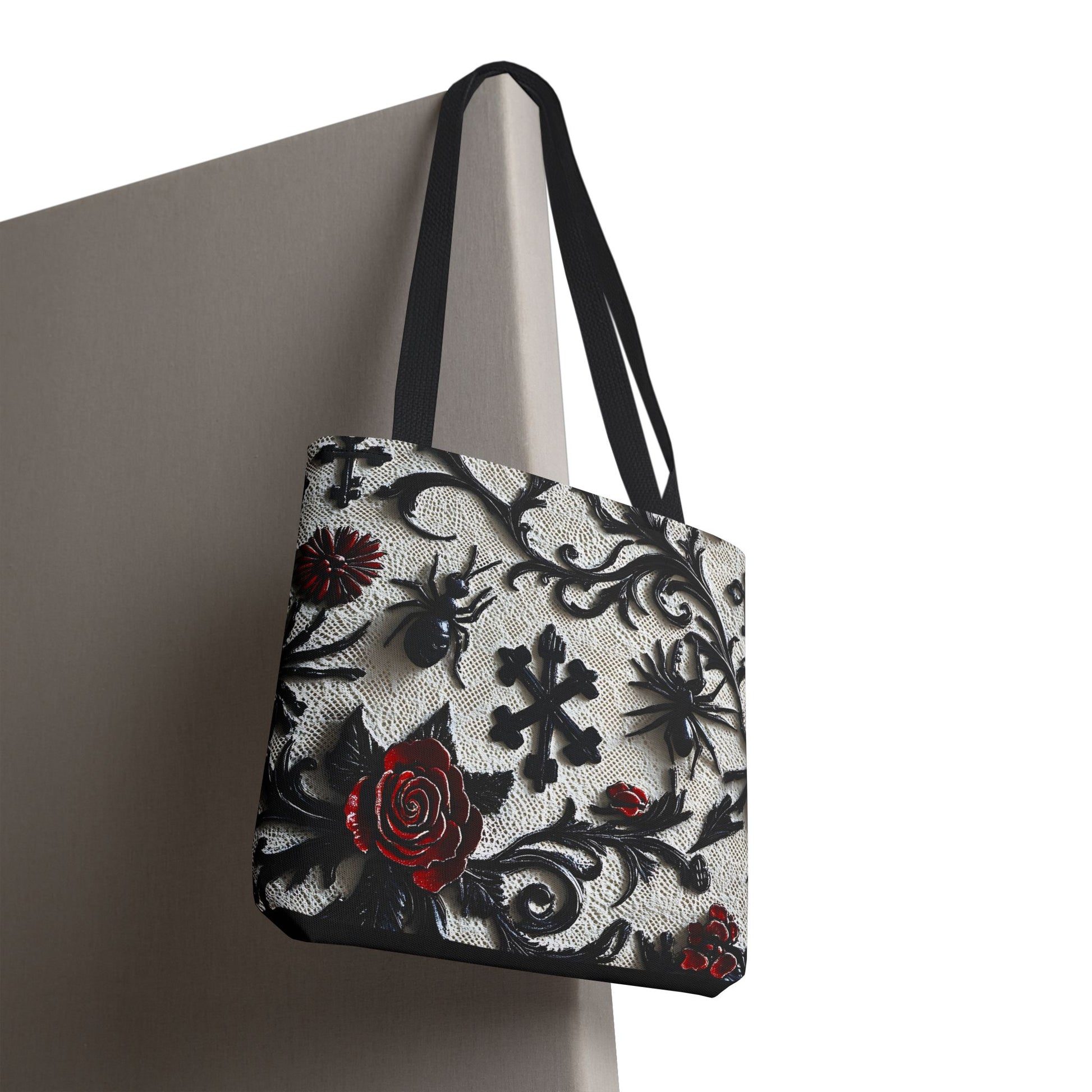 Gothic filigree tote bag with ornate dark floral all-over print, featuring intricate design and sturdy bag handles.