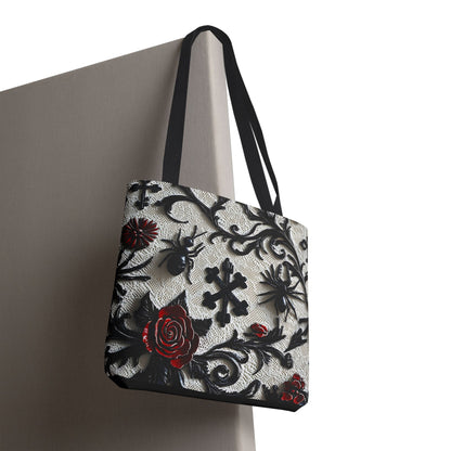 Gothic filigree tote bag with ornate dark floral all-over print, featuring intricate design and sturdy bag handles.